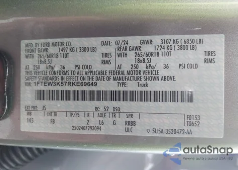 2024 Ford F-150 Xlt из США, поврежденный, VIN 1FTEW3K57RKE69649